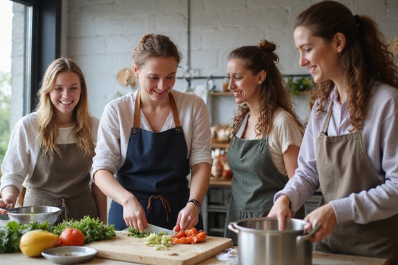 Eine Gruppe lachender Menschen beim gemeinsamen Kochen in einem Workshop.
